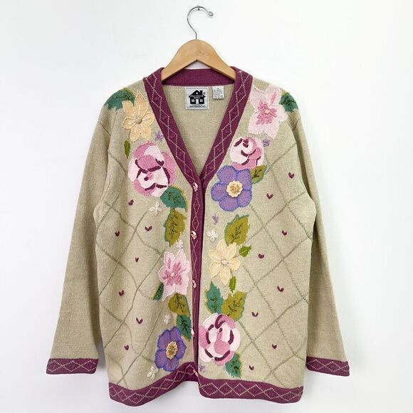 Storybook Knits Women’s Beaded Hand Knit Floral Argyle Flower Button Tan Cardiga - Picture 1 of 11